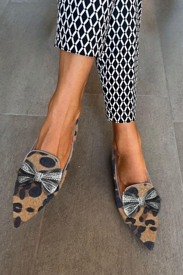 Leopardmuster Spitz zulaufende Zehe Schleife Kunstwildleder Lässige Ballerinas [Vorbestellung]