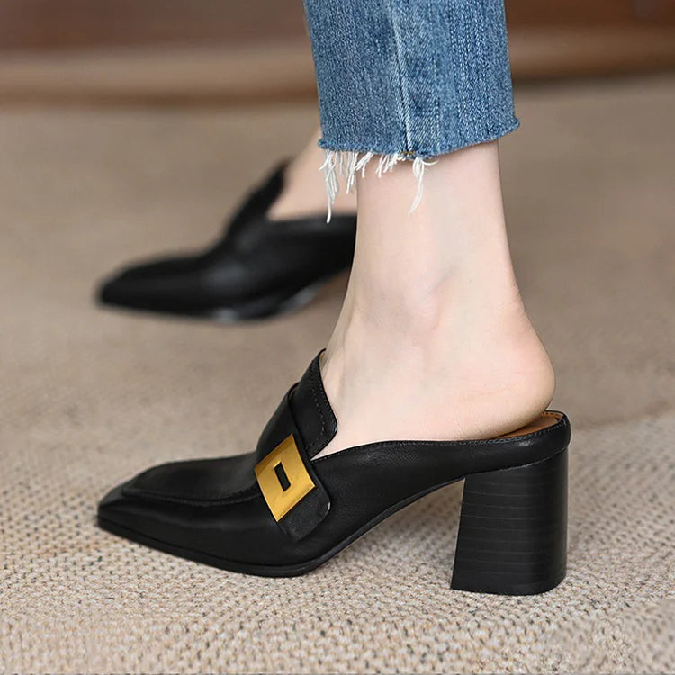 Patchwork Metal Buckle Decor Square Toe Slip On Mules Heels