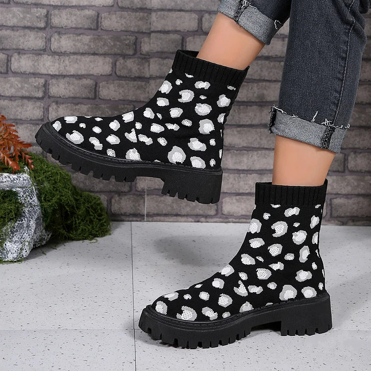 Colorblock Knitted Leopard Pattern Round Toe Chunky Heel Ankle Boots