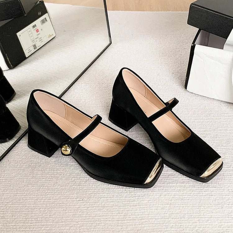 Color Matching Square Toe Instep Strap Buckle Chunky Heels