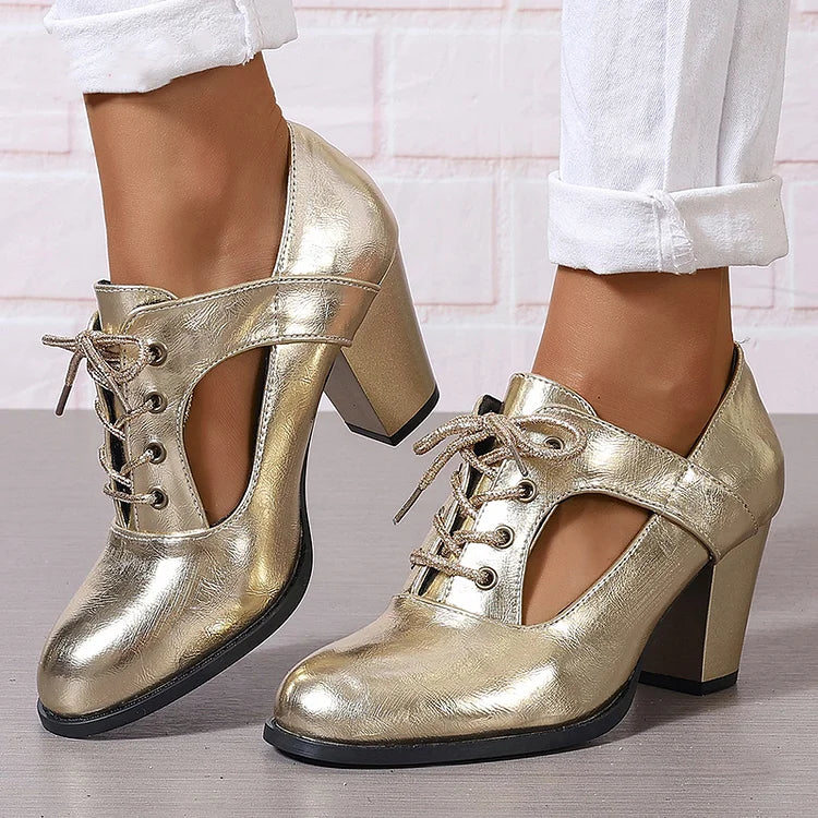 Metallic Sheen Cut Out Lace Up Plain Sandals Chunky Heels