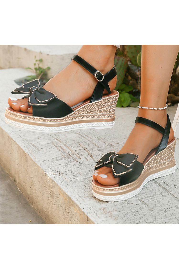 Sandali con zeppa casual con punta aperta, cinturino alla caviglia con fiocco decorato e fibbia