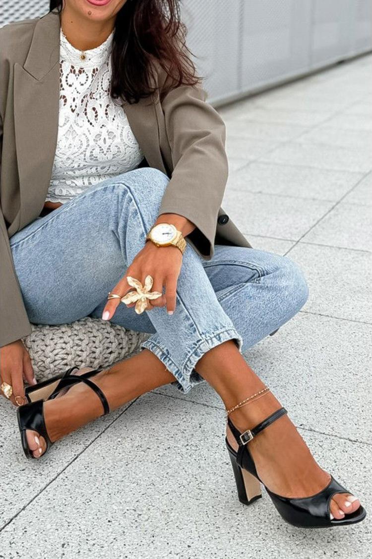 Scarpe con cinturino alla caviglia, punta aperta, tacco grosso, nere [Pre-ordine]