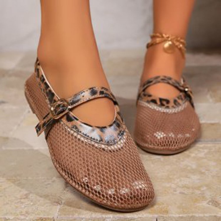 Leopard Print Fishnet Hollow Out Instep Strap Buckle Flats