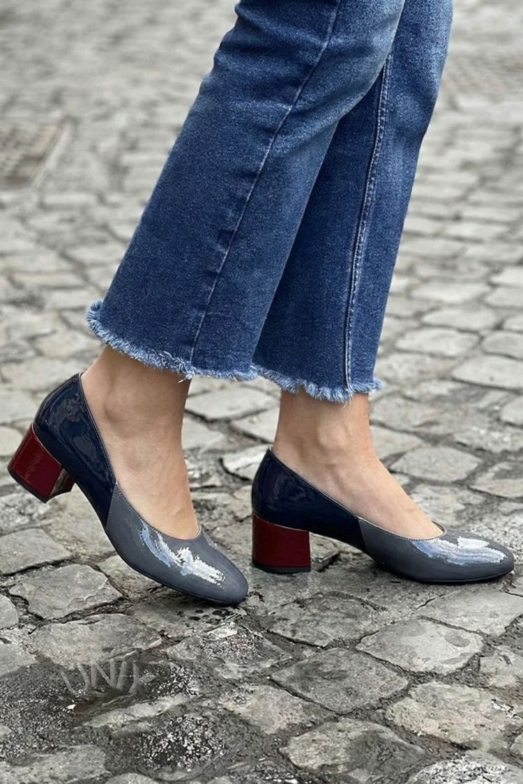 Chic Dark Gray Patent Leather Round Toe Block Heels [Pre Order]