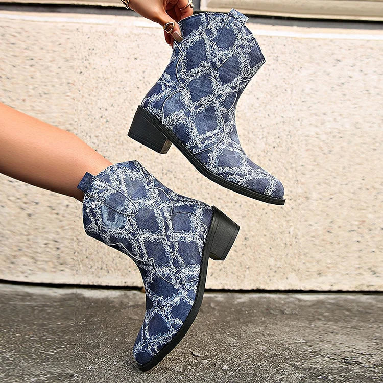 Raw Trim Print Patchwork Round Toe Chunky Heel Mid Boots