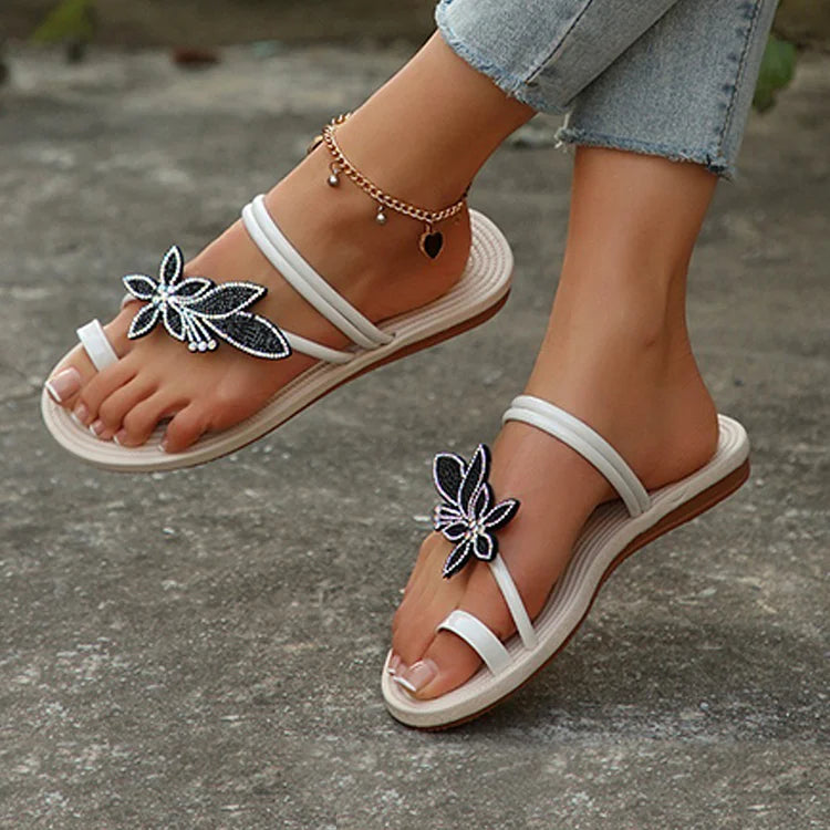 Pierścionek na palec z dekoracją z kryształków w kształcie kwiatu, casualowe sandały plażowe