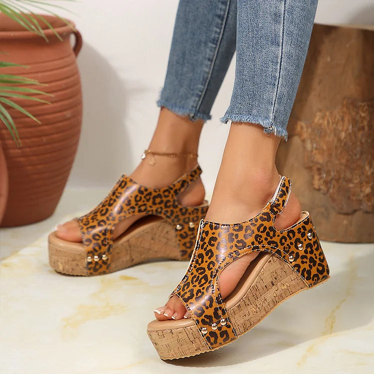 Leopard Print Cut Out Open Toe Metallic Studded Wedge Sandals