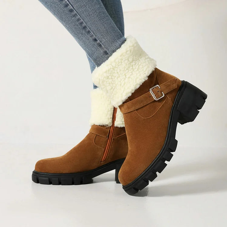 Round Toe Strap Buckle Decor Fluffy Trim Chunky Heel Snow Boots