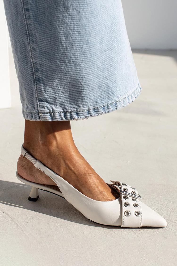 Pointed Toe Strap Buckle Decor Slingback White Kitten Heels [Pre Order]