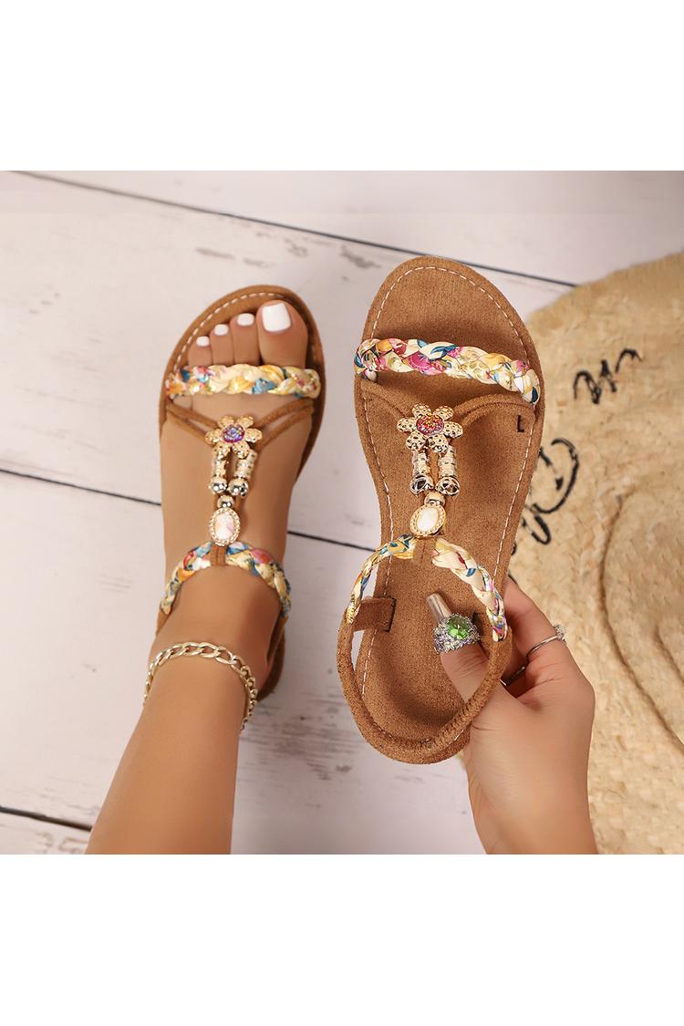 Multicolor Braided Strap Flower Decor Boho Style Round Toe Sandals