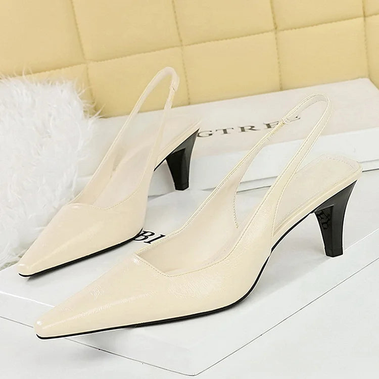 Textured Square Toe Slingback Strap Plain Elegant Chunky Heels