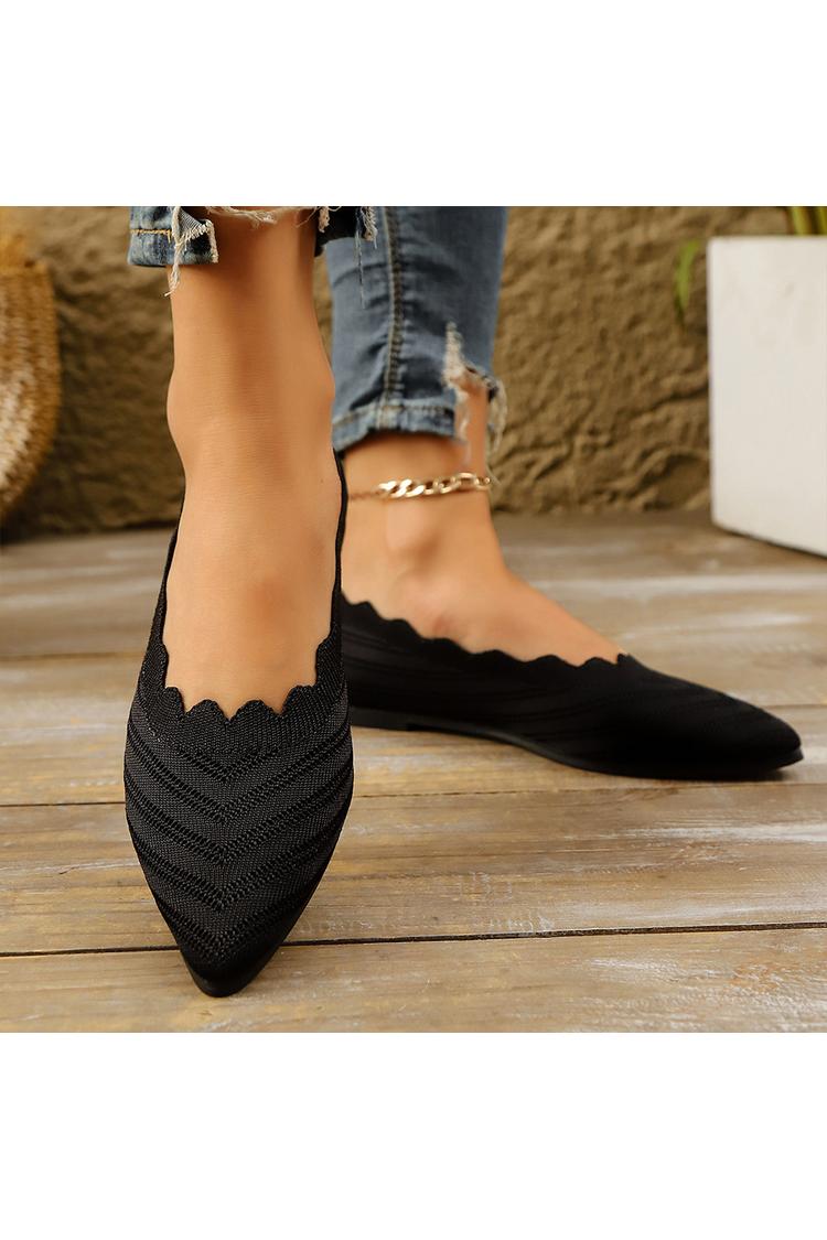 Solid Color Knitted Wavy Edge Pointed Toe Casual Flats