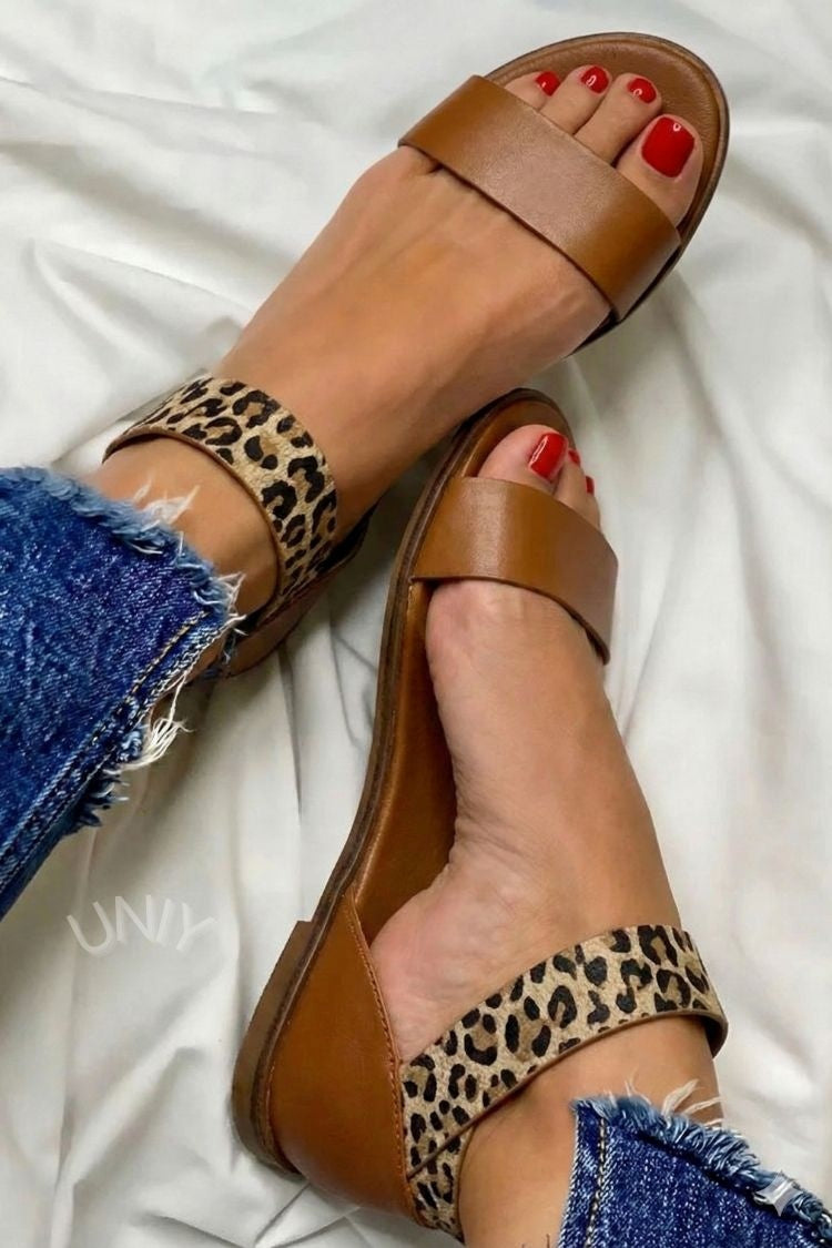 Vintage Brown Leather Leopard Print Ankle Strap Flat Sandals [Pre Order]