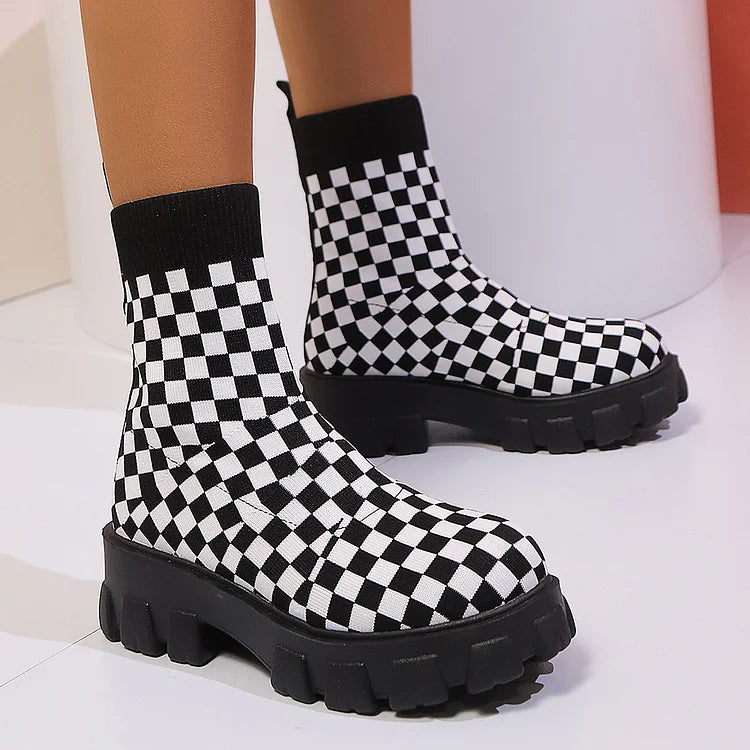 Knitted Checkerboard Pattern Round Toe Chunky Heel Ankle Boots