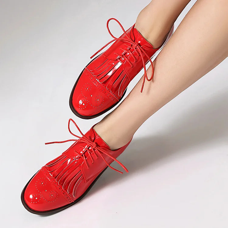 Oxfords z okrągłym noskiem, sznurowane, z ozdobnym frędzlem w jednolitym kolorze