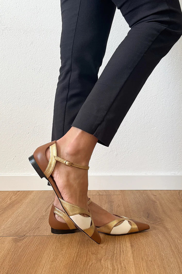 Hollow Out Colorblock Pointed Toe Brown Flats [Pre Order]