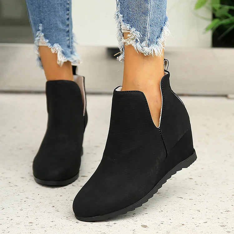 V Cut Solid Color Round Toe Wedge Heel Slip On Ankle Boots