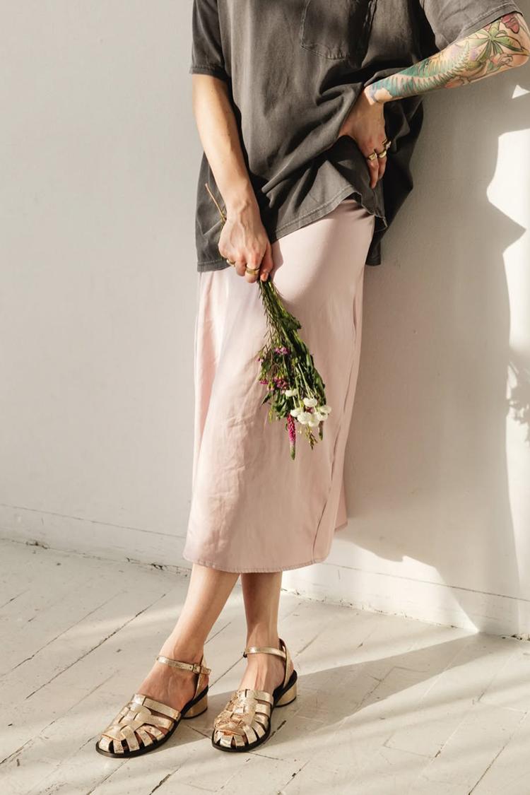 Scarpe con tacco grosso in tessuto traforato dorato effetto metallizzato [Pre-ordine] 