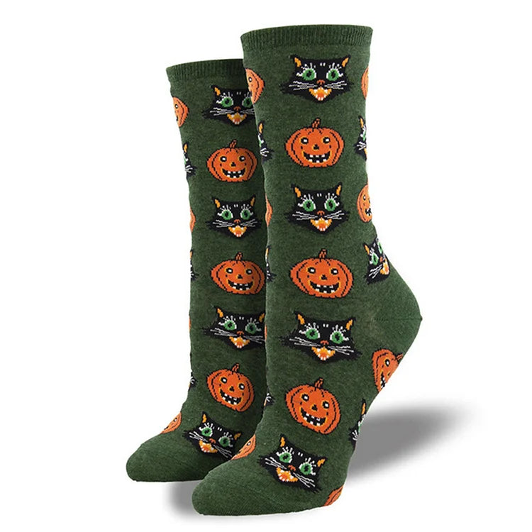 Calcetines de media pantorrilla con estampado de esqueleto, búho, calabaza, hoja de arce y bruja para Halloween 