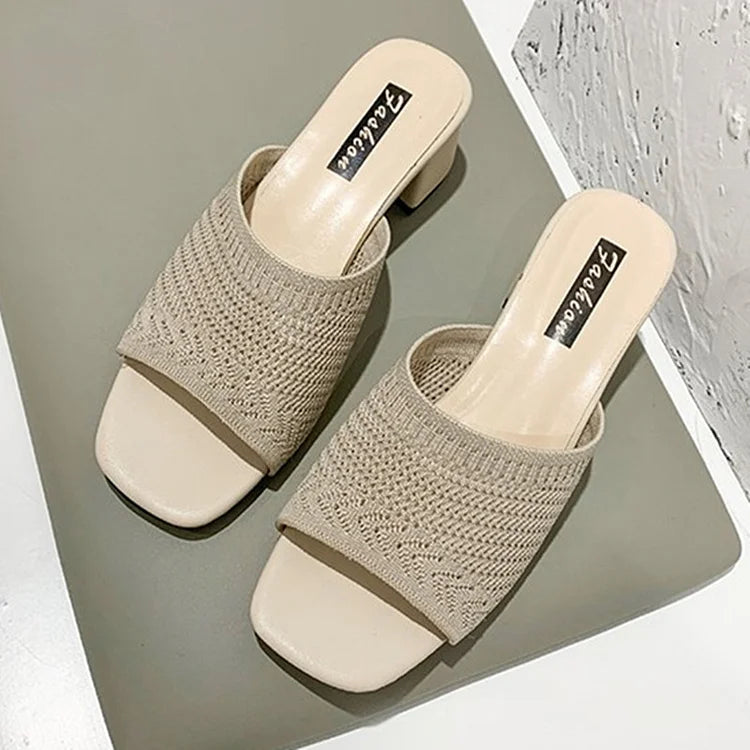 Casual Solid Color Square Toe Knit Slides Chunky Heels