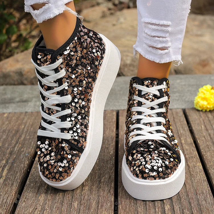 Glitter Sequins Lace Up Round Toe Fashion Casual Shoes