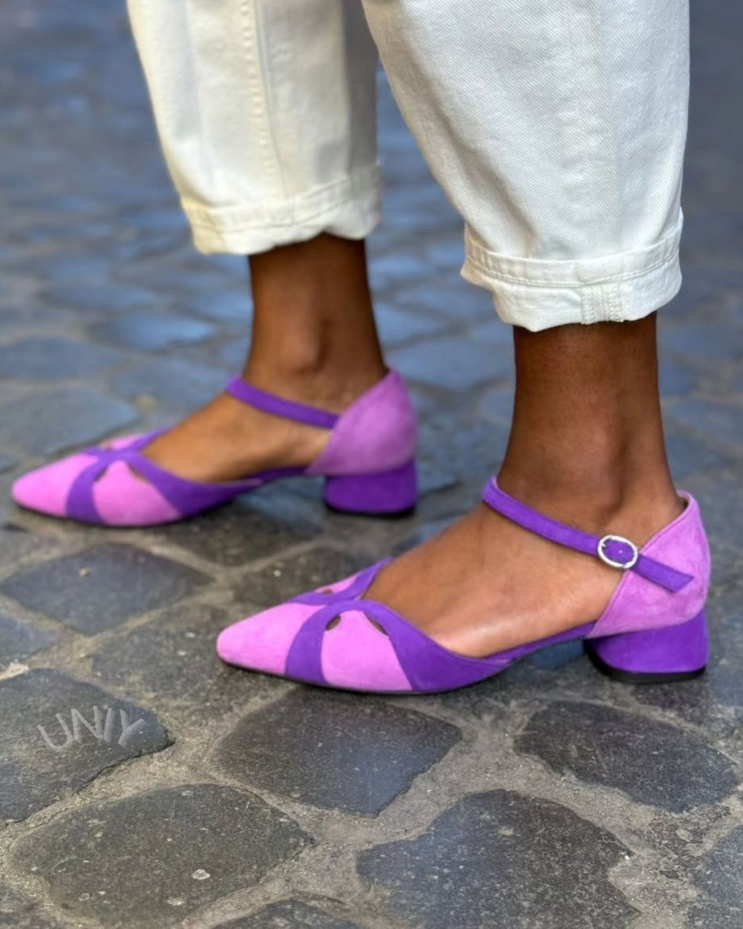 Retro Two-Tone Purple Cutout Ankle Strap Block Heels [Pre Order]
