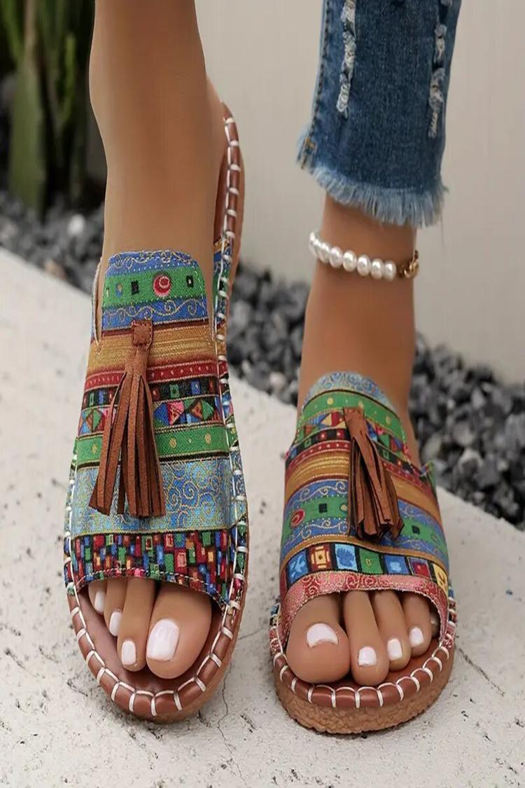Multicolor Boho Pattern Tassel Decor Round Toe Casual Slippers