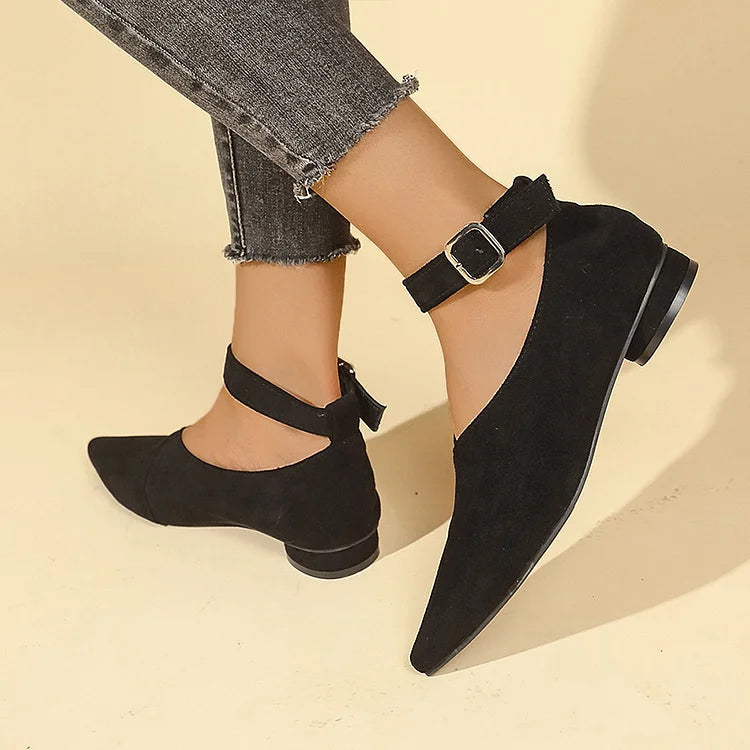 Solid Color Patchwork Pointed Toe Ankle Strap Buckle Flats