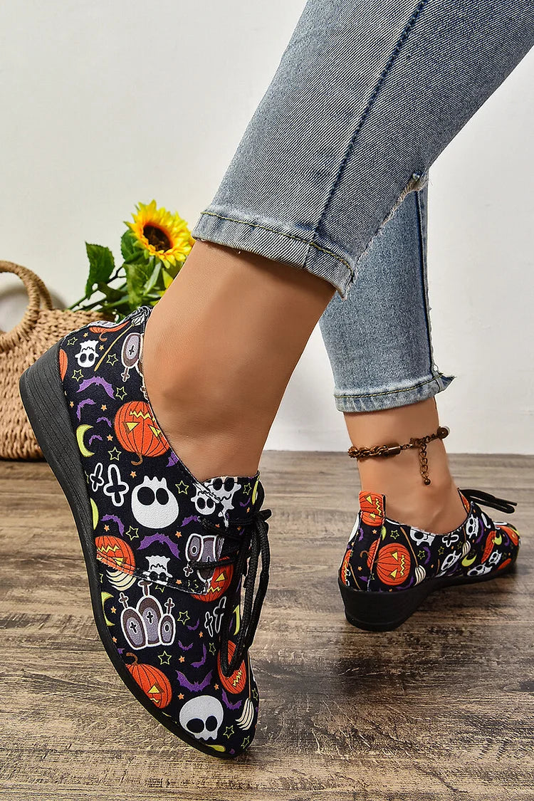 Halloween Ghost Pumpkin Print Dedo do pé redondo amarrar sapatos casuais