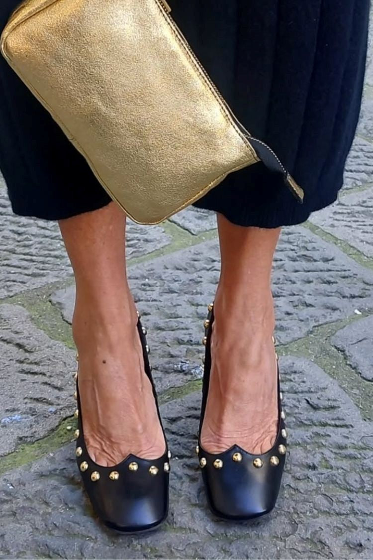 Black Square Toe Studded Slip-On Versatile Minimalist Mid Heels [Pre Order]