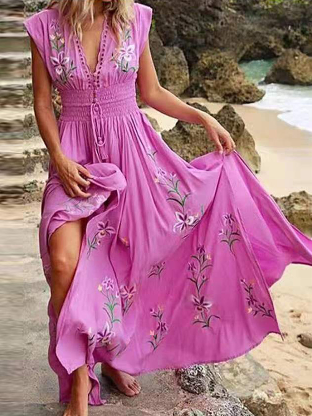 Abito con stampa Boho da spiaggia francese con scollo a V