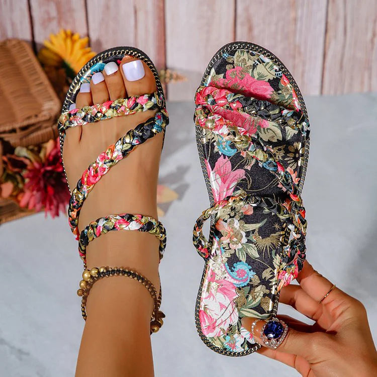 Allover Floral Print Multi Crochet Straps Slides Sandals