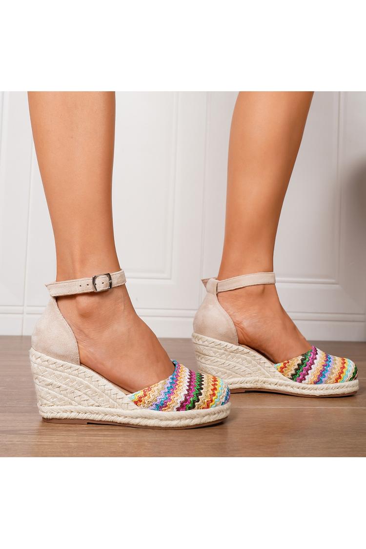 Sandali casual con zeppa, punta tonda multicolore, cinturino alla caviglia e fibbia 