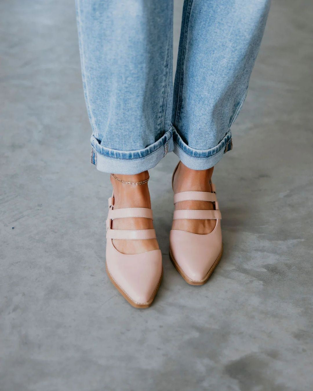 Einfarbige spitze Zehen Doppelriemen Slingback Blockabsätze [Vorbestellung]