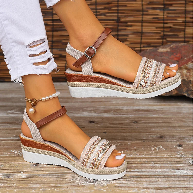 Woven Pattern Pearl Rhinestone Ankle Strap Buckle Peep Toe Wedge Sandals