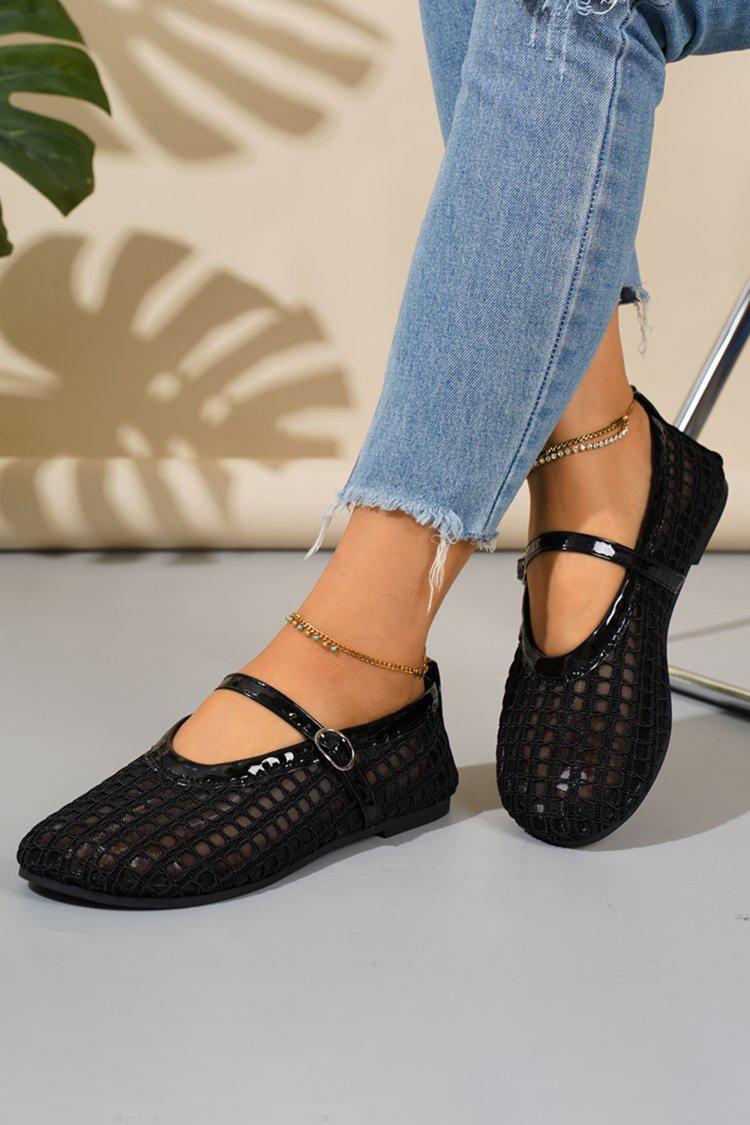 Scarpe basse con punta tonda, cinturino sul collo del piede in rete traforata, tinta unita 