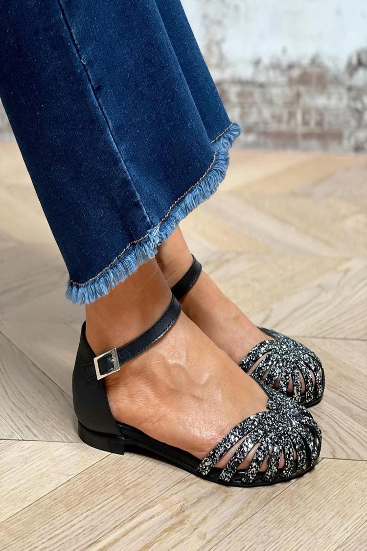Sandali neri con cinturino alla caviglia, fibbia e punta tonda con glitter e trafori
