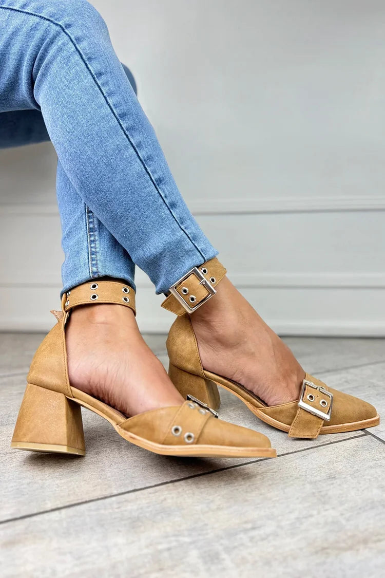 Pointed Toe Ankle Strap Buckle Khaki Chunky Heels [Pre Order]