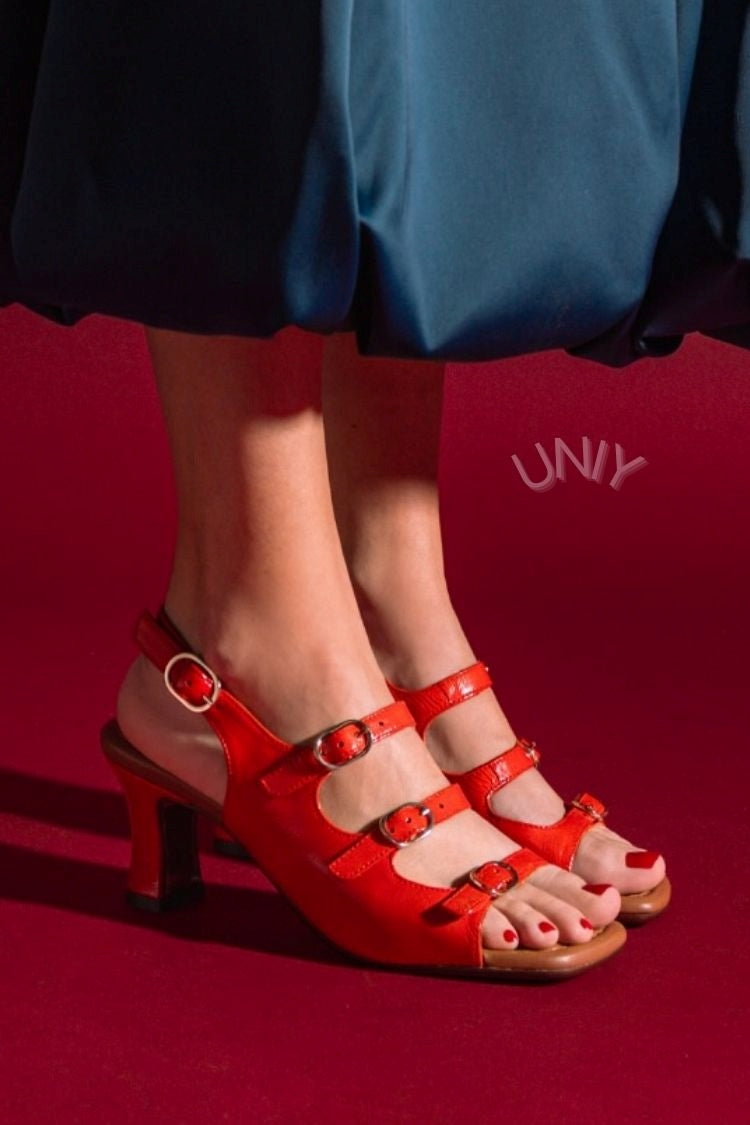 Vintage Red Multi Strap Buckle Open Toe Block Heels [Pre Order]