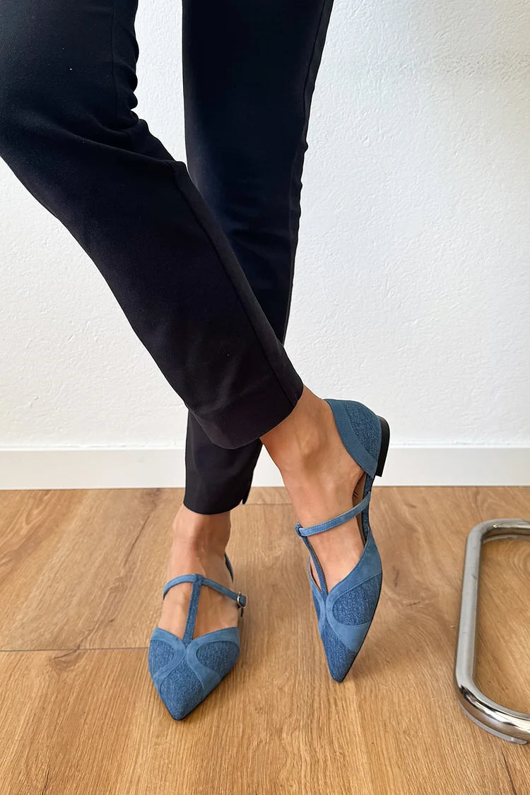 Patchwork T-Strap Buckle Pointed Toe Blue Flats [Pre Order]