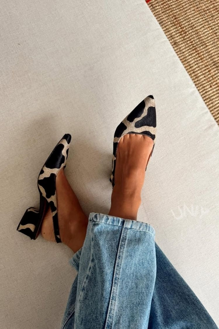 Classic Cow Pattern Pointed Toe Slingback Block Heels