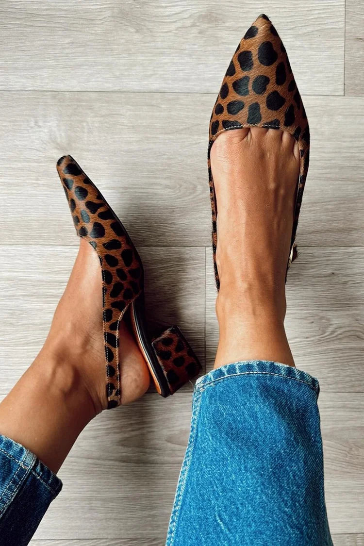 Leopard Print Pointed Toe Slingback Brown Chunky Heels