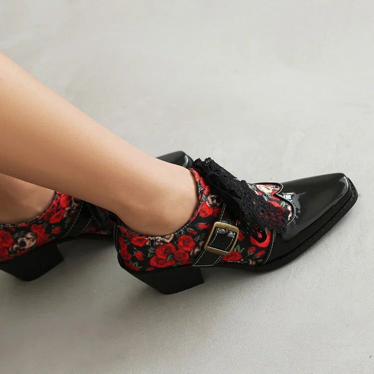 Zapatos Oxford con tacón grueso y punta cuadrada, con encaje atado y estampado de calaveras y rosas 