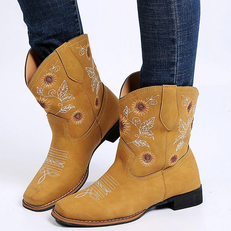 Sunflower Embroidery Stitch Detail Square Toe Cowgirl Boots