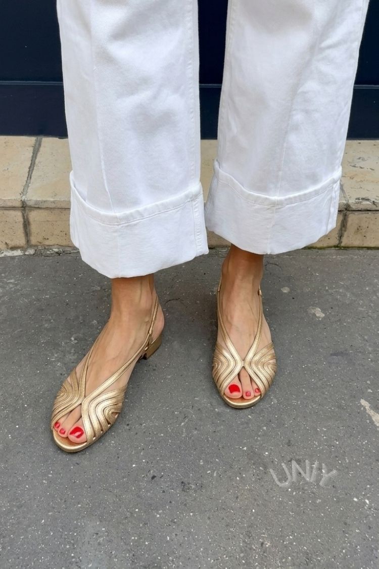 Metallic Gold Wavy Strappy Round Toe Slingback Sandals [Pre Order]