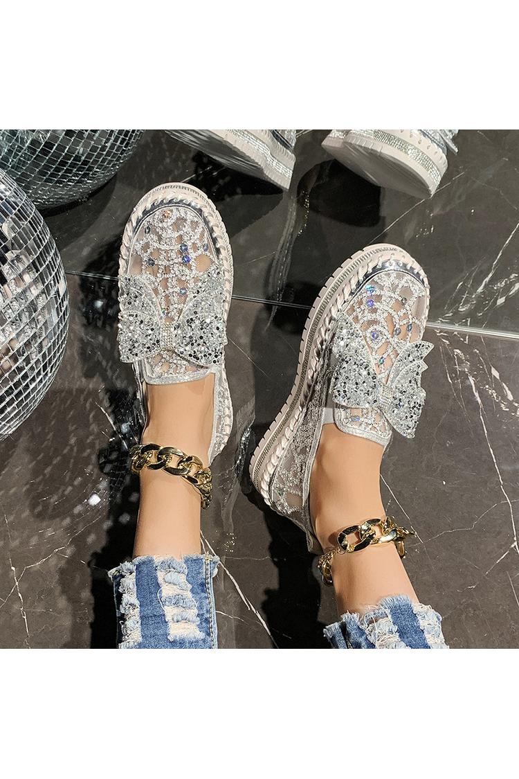 Strass Schleifen Dekor Mesh Runde Zehen Freizeit Plateau Slipper