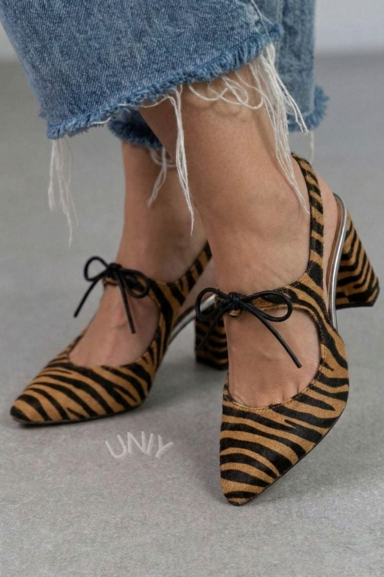 Eleganckie czółenka na słupku z wzorem zwierzęcym, z włosiem pony, z ostrym noskiem i kokardą [Przedsprzedaż]