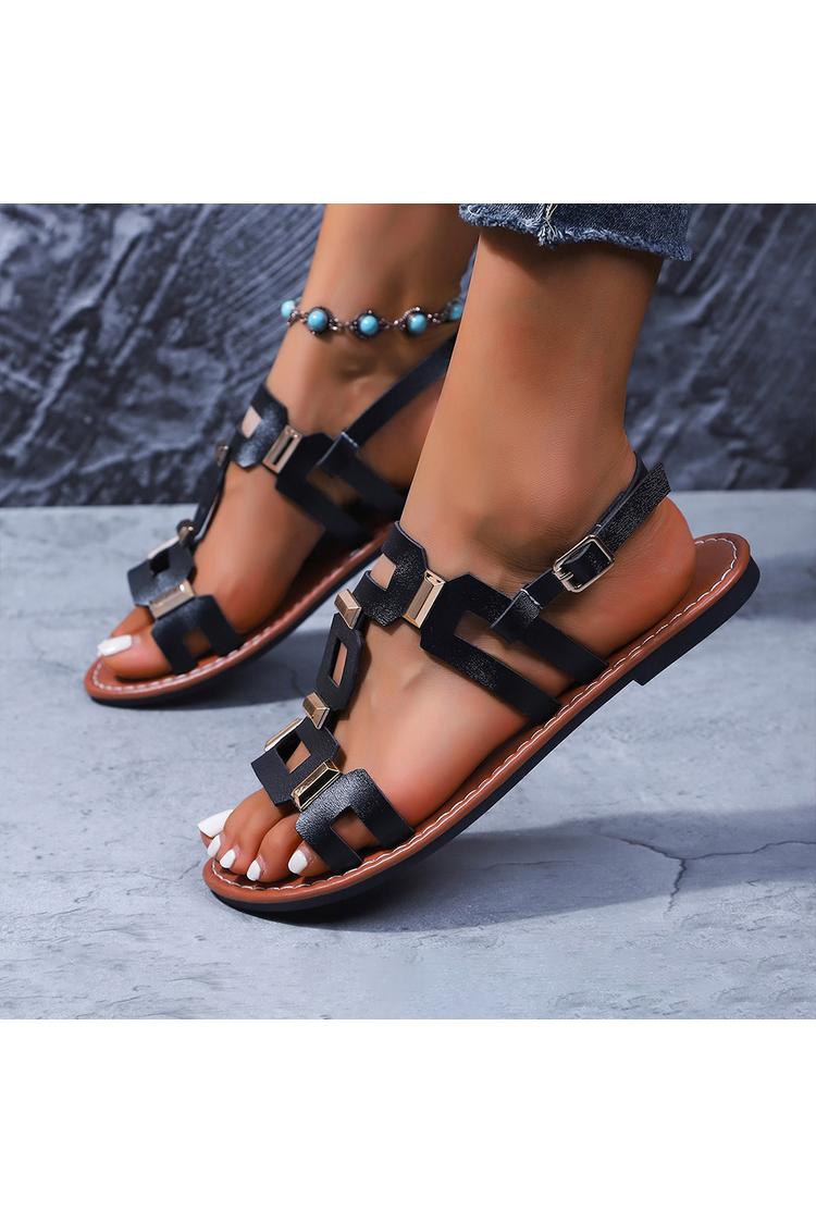 Metall Dekor Hohle Schnalle Runder Zeh Freizeit Sandalen