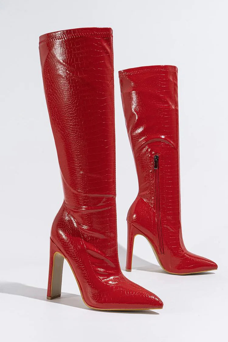 Crocodile Print Zipper Pointed Toe Chunky Heel Knee High Boots